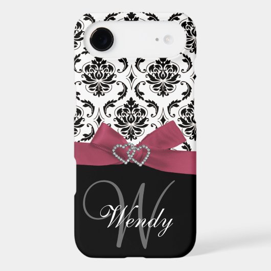 Personalized Initial, Pink, Black Damask Pattern Case-Mate iPhone Case (Back)