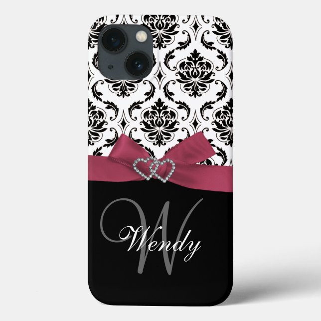 Personalized Initial, Pink, Black Damask Pattern Case-Mate iPhone Case (Back)