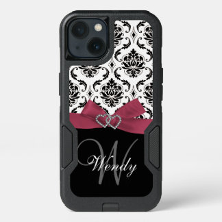 Personalized Initial, Pink, Black Damask Pattern iPhone 13 Case