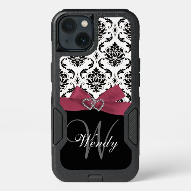 Personalized Initial, Pink, Black Damask Pattern Otterbox iPhone Case (Back)