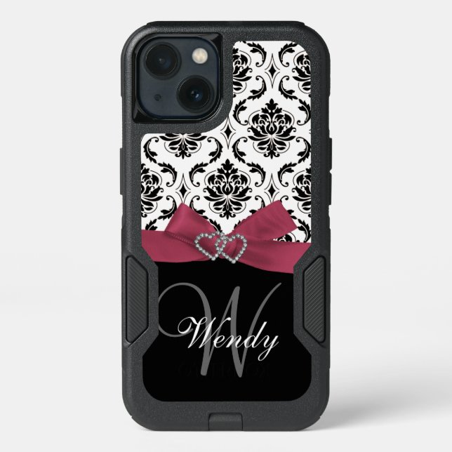 Personalized Initial, Pink, Black Damask Pattern Otterbox iPhone Case (Back)