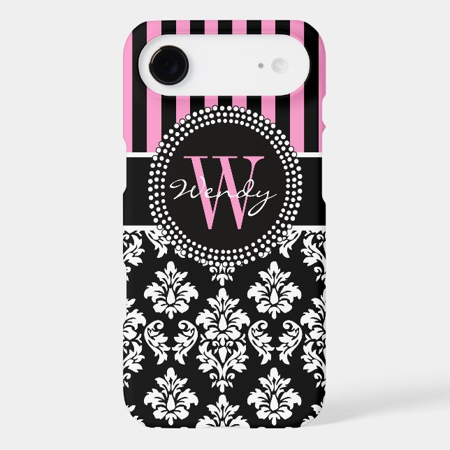 Personalized Initial Pink Black Damask Stripes Case-Mate iPhone Case (Back)