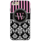 Personalized Initial Pink Black Damask Stripes