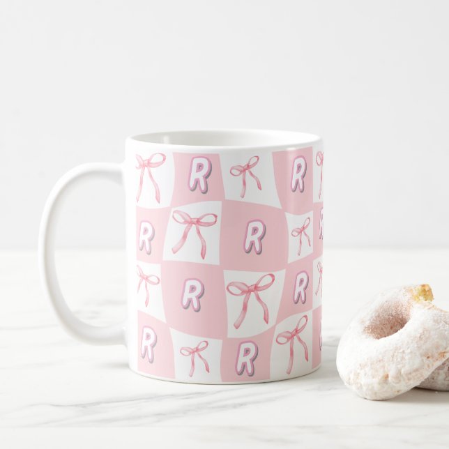Personalized Initial Pink Bow Checker  Coffee Mug (With Donut)