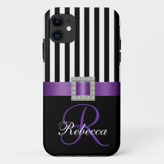 Personalized Initial Purple Black Stripes Pattern iPhone 11 Case