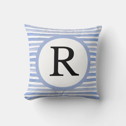 Personalized Initial R Casual Blue Stripes Throw Pillow