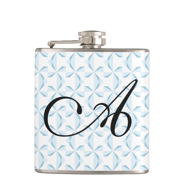 Personalized Initial Sky Blue Pinwheels Flask (Front)