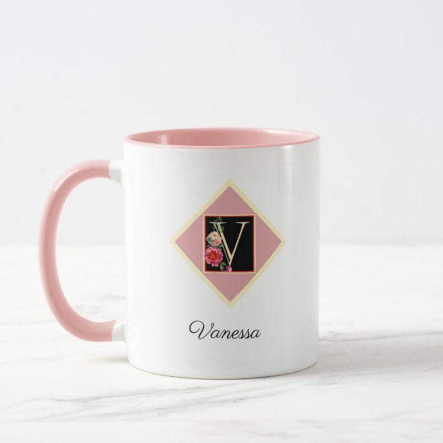 Personalized Initial Vintage Roses "V" Mug (Left)