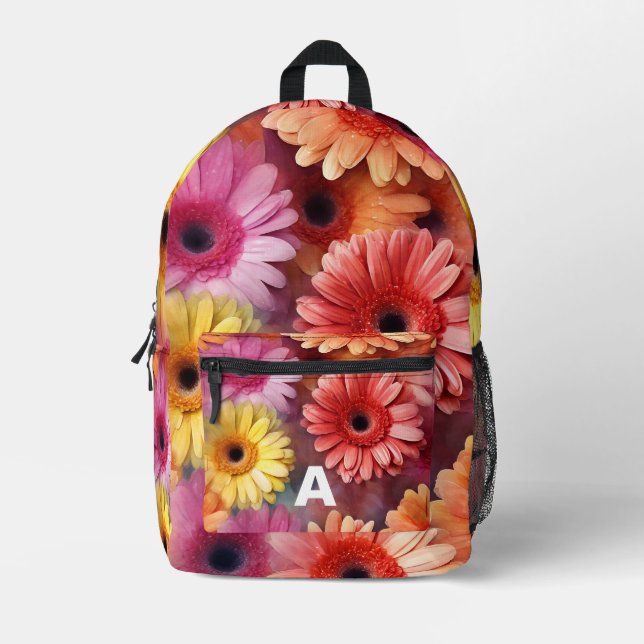 Personalized Initial Watercolor Gerbera Flowers Printed Backpack (Front)