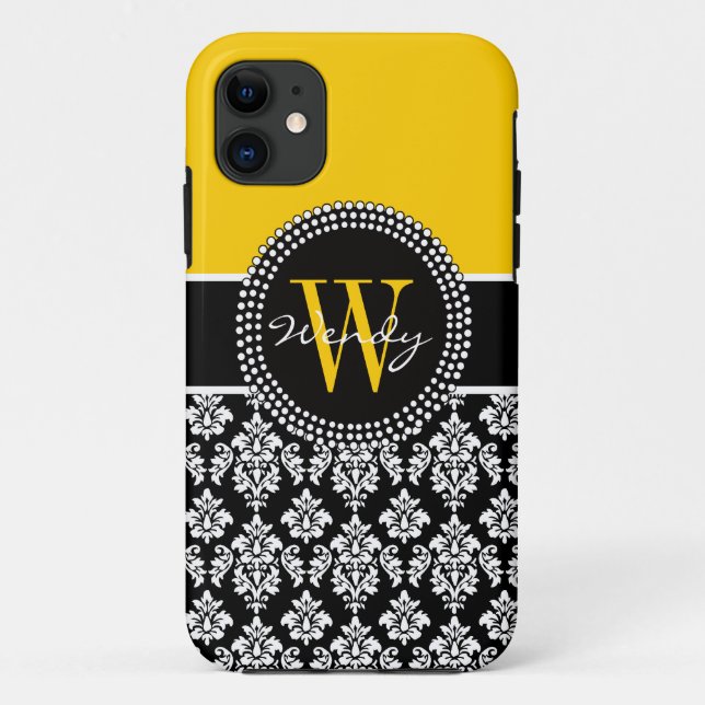 Personalized Initial Yellow Black Damask Case (Back)