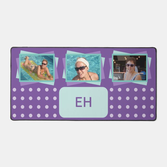 Personalized initials 3 photo polka dots purple desk mat (Front)