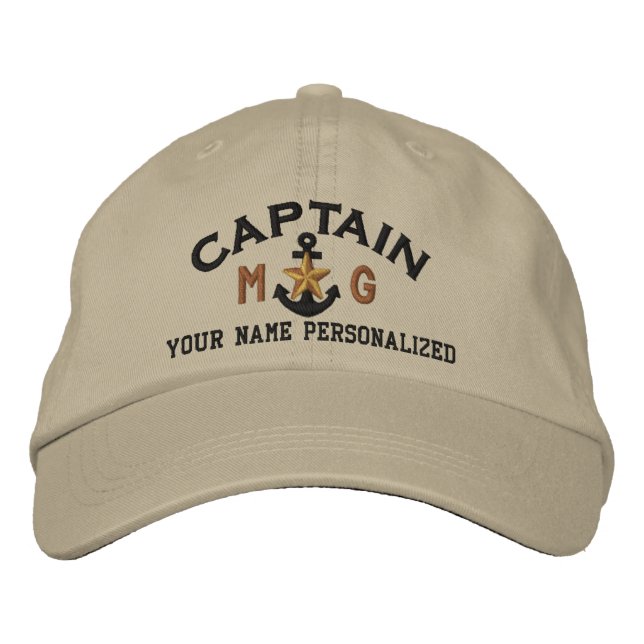 Personalized Initials Captain Nautical Star Anchor Embroidered Baseball Cap (Front)