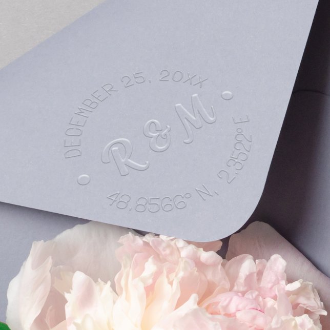 Personalized Initials, Date, Latitude & Longitude Embosser (Wedding envelope embosser custom date, initials monogram, longitude & latitude location modern )