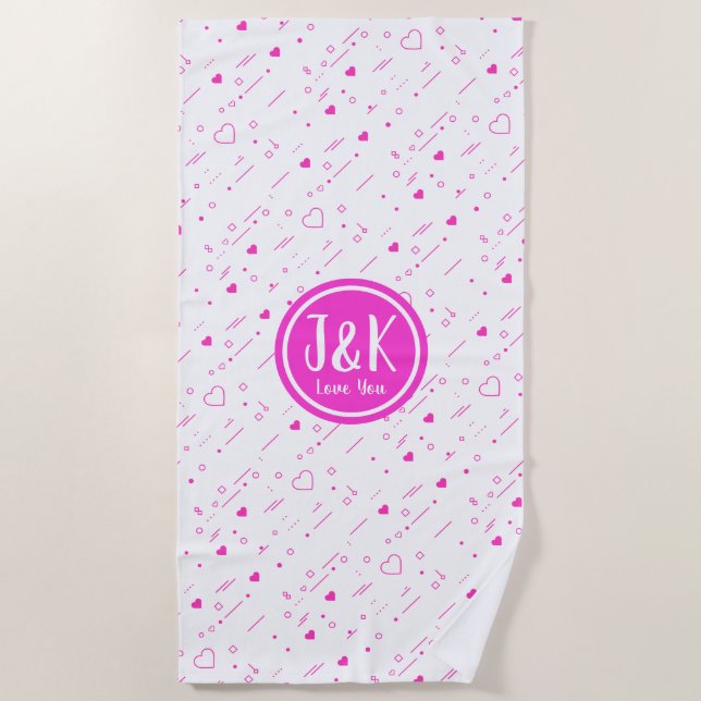 Personalized Initials J & K Pink Love Pattern Beach Towel (Front)