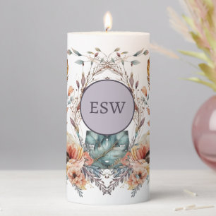 Personalized initials purple floral pillar candle