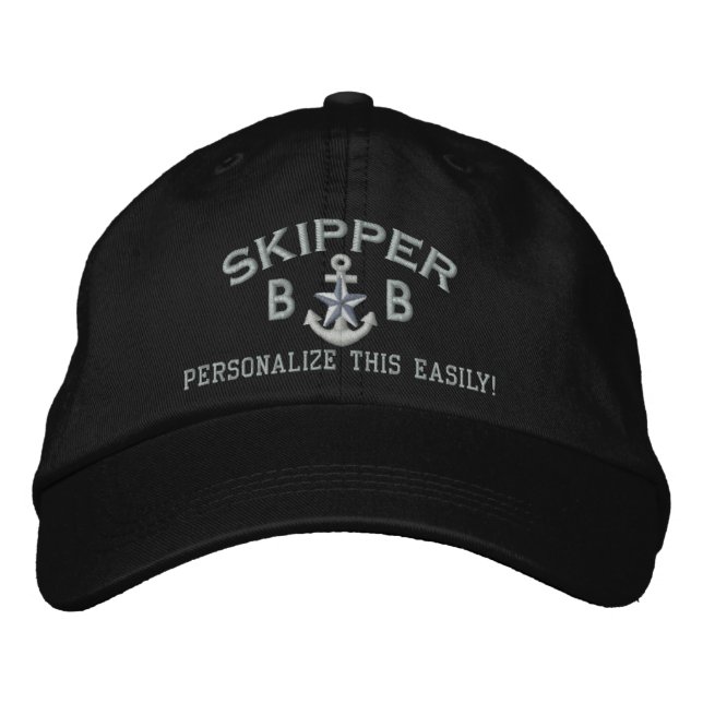 Personalized Initials Text Skipper Silver Star Embroidered Baseball Hat (Front)