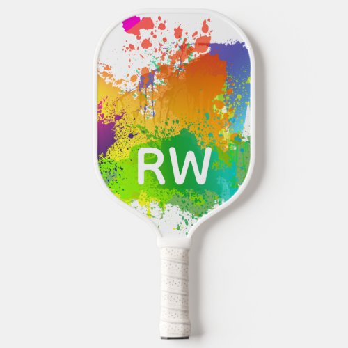 Personalized Initials Trendy Colorful Paint Splat Pickleball Paddle