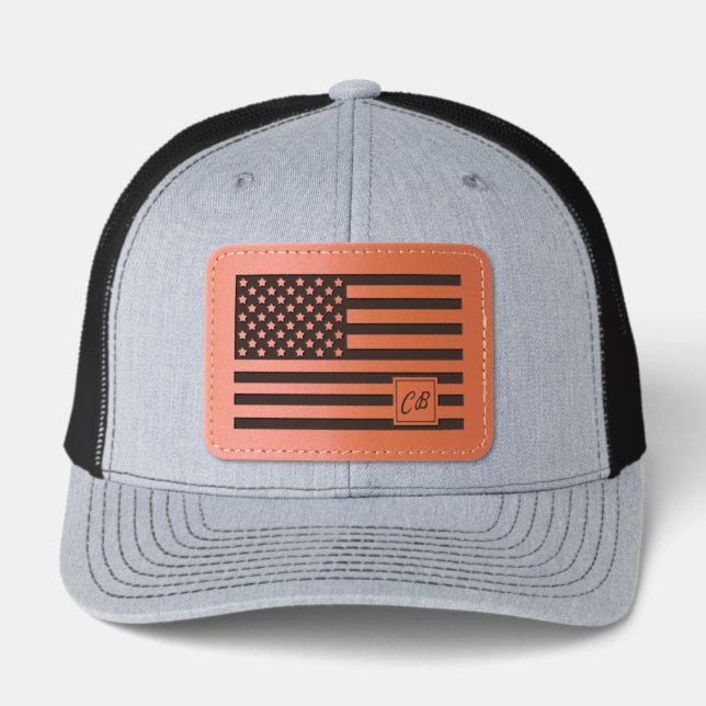 Personalized Initials U.S. American Flag  Leather Patch Hat (Front)
