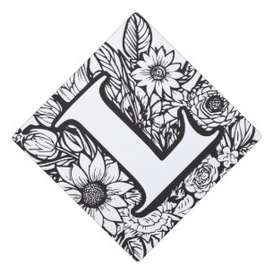 Personalized Ink Flower Monogram Black and White Graduation Cap Topper