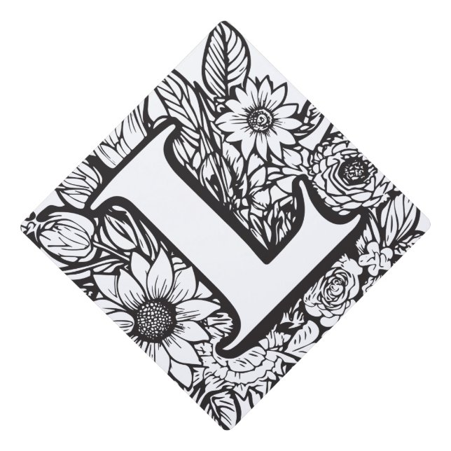 Personalized Ink Flower Monogram Black and White Graduation Cap Topper (Front)