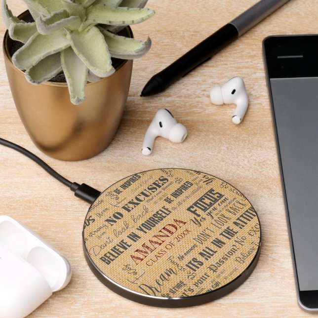 Personalized Inspiration Word Art Textured Burlap Wireless Charger (Desk 2)