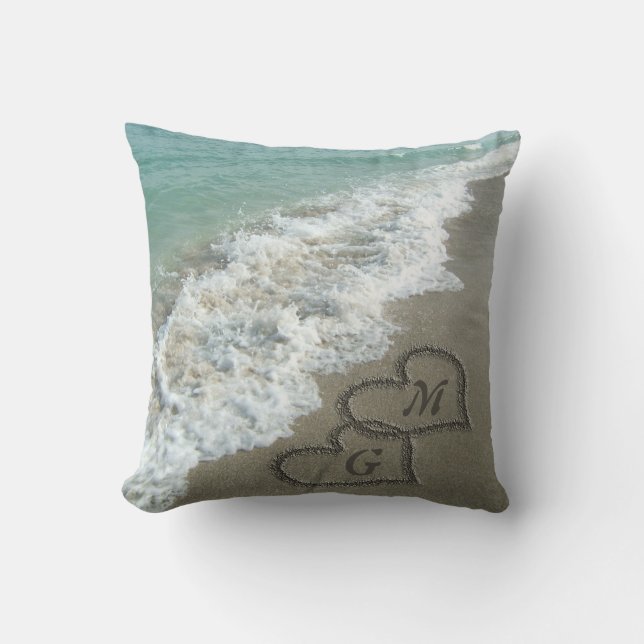 Personalized Interlocking Sand Hearts Beach Pillow (Front)