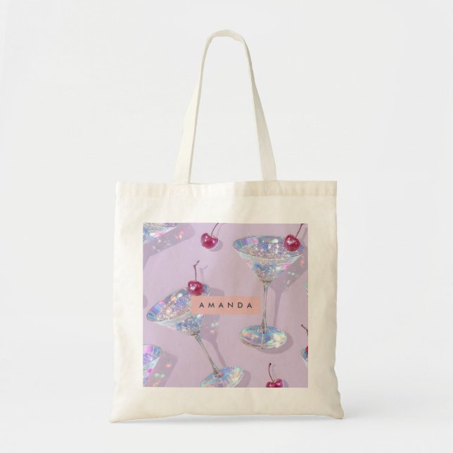 Personalized Iridescent Martini Glass Glitter  Tote Bag (Front)