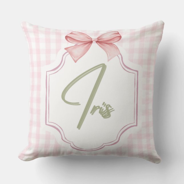 Personalized Iris Baby Girl Nursery Art Pink Bow Throw Pillow (Front)