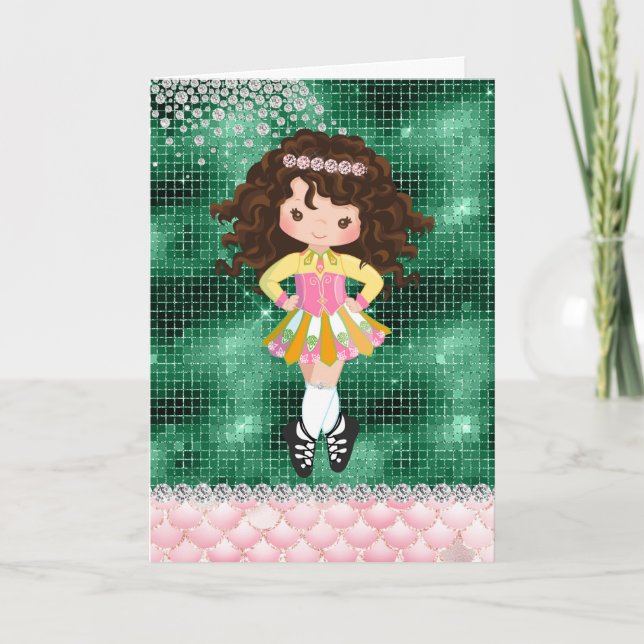 Personalized Irish Dance Brunette Girl Birthday Card (Front)