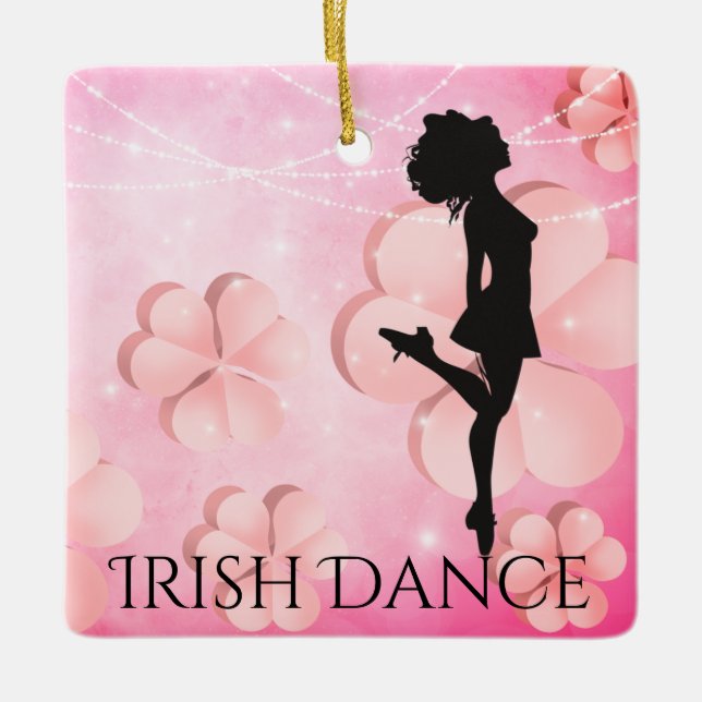 Personalized Irish Dance Pink Shamrocks Christmas Ceramic Ornament (Front)