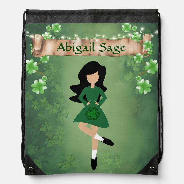Personalized Irish Dancer with Black Hair Dance Drawstring Bag (Front)