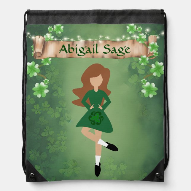 Personalized Irish Dancer with Brown Hair Dance Drawstring Bag (Front)