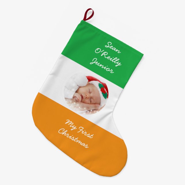 Personalized Irish Heritage Christmas Photo Large Christmas Stocking (Front (Hanging))