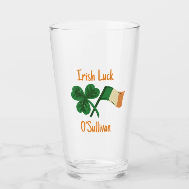 Personalized Irish Luck Clover Beer Glass Tumbler (Front)