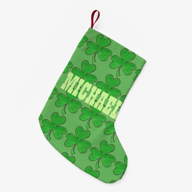 Personalized Irish Lucky Clover Green Shamrock Small Christmas Stocking (Front (Hanging))