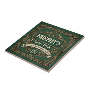Personalized Irish Pub Family Tavern Vintage Green Ceramic Tile