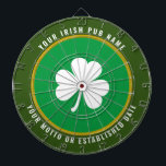 Personalized Irish Pub Green & Gold White Shamrock Dart Board<br><div class="desc">This personalized Irish pub dartboard design uses a green, gold and white color palette and features a white shamrock on a two-toned green background with a gold border with white curved text on the top and bottom that can be personalized by you with your actual or fictional Irish pub name...</div>