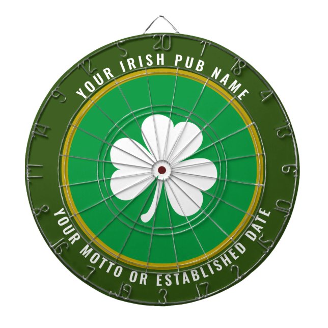 Personalized Irish Pub Green & Gold White Shamrock Dart Board (Front)