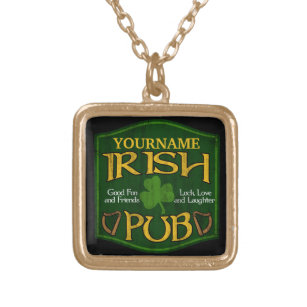 Personalized Irish Pub Sign Gold Plated Necklace