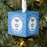Personalized Israeli Angel Hanukkah Flag  Cube Ornament<br><div class="desc">Cube ornament for holiday and Hanukkah decor featuring an angel dressed in the blue and white flag of Israel. Designed for families of multiple religions. The Hanukkah Israeli flag angel flies inside a white circle of squiggly squares, surrounded by a background of blue squiggly squares. Add a name to personalize....</div>