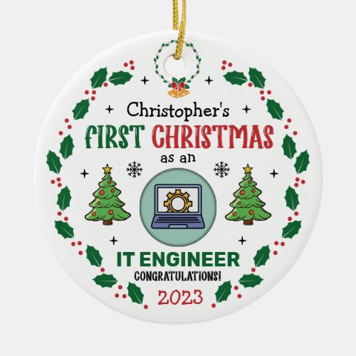 Personalized IT Engineer First Christmas Ceramic Ornament