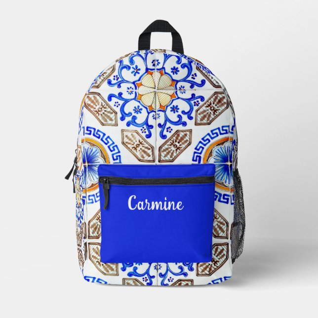 Personalized Italian Blue Mosaic Printed Backpack (Front)