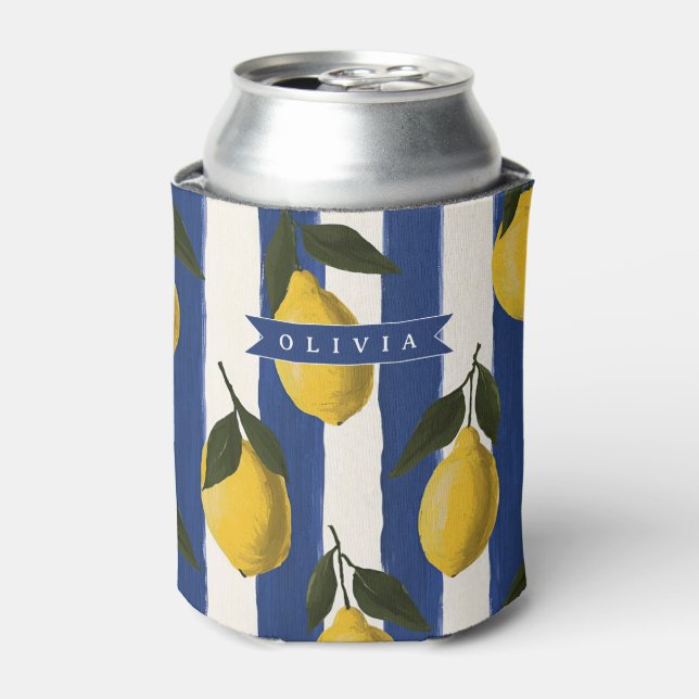 Personalized Italian Lemon Stripe Coastal  Can Cooler (Can Front)