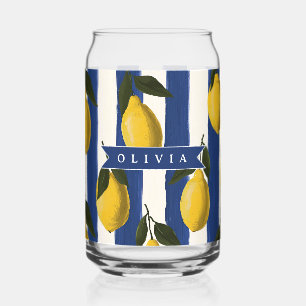 Personalized Italian Lemon Stripe Coastal Can Glass