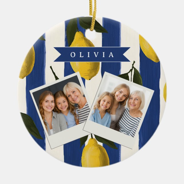 Personalized Italian Lemon Stripe Coastal  Ceramic Ornament (Front)