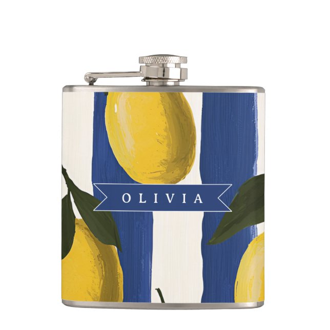 Personalized Italian Lemon Stripe Coastal  Flask (Front)