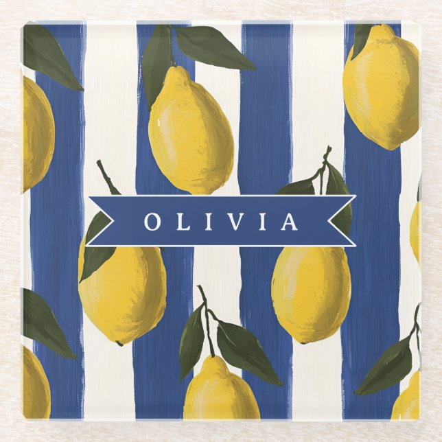 Personalized Italian Lemon Stripe Coastal  Glass Coaster (Front)