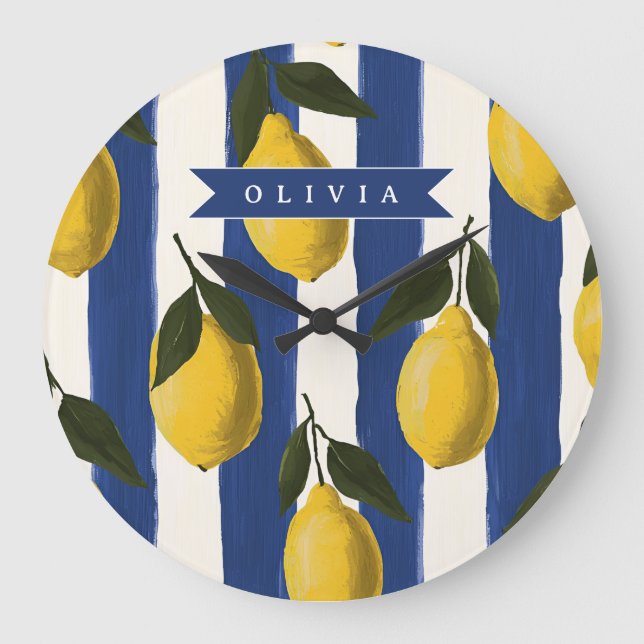 Personalized Italian Lemon Stripe Coastal  Large Clock (Front)
