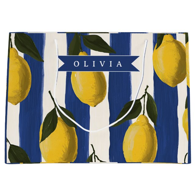 Personalized Italian Lemon Stripe Coastal  Large Gift Bag (Front)