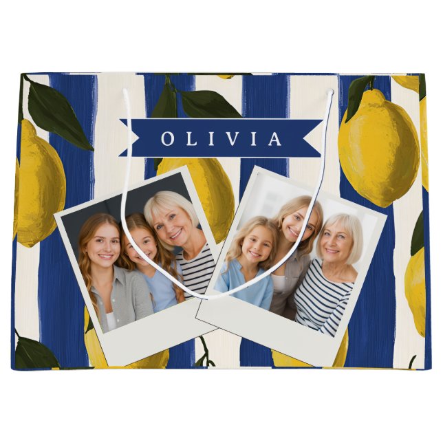 Personalized Italian Lemon Stripe Coastal  Large Gift Bag (Front)